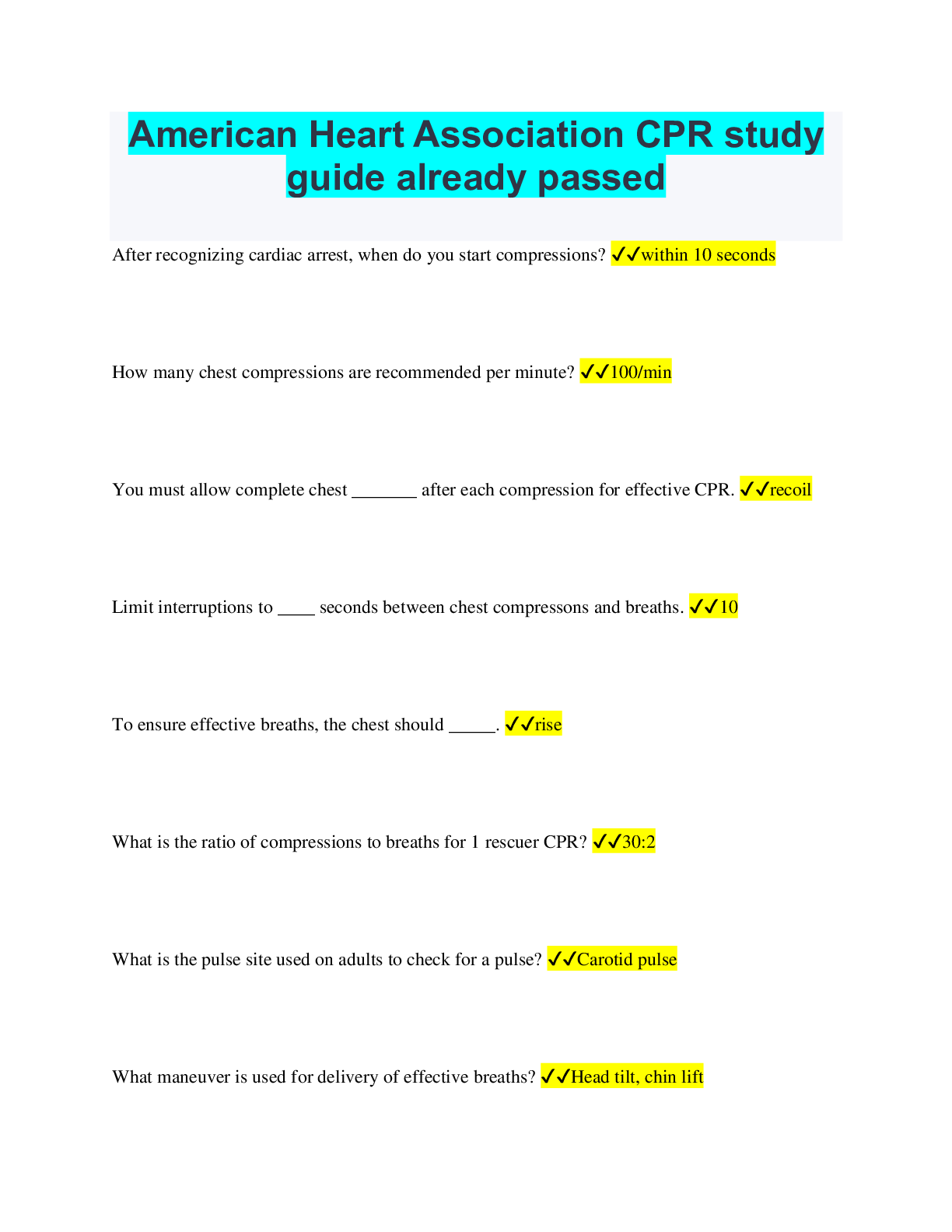 Preview of American Heart Association| CPR study guide already passed